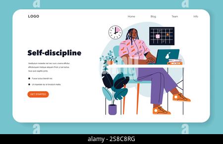 Remote Work concept. Woman practicing self-discipline while working from home, managing her schedule and tasks. Productivity in a cozy home office setting. Vector illustration. Stock Vector