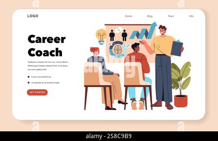 Career coaching concept. Professionals in a workshop led by a coach discussing growth and strategies. Interactive learning and skill development. Vector illustration. Stock Vector