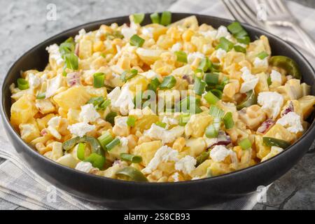 Tasty Mexican Corn Potato Salad with the addition of pickled jalapenos, boiled eggs, onions and cotija cheese closeup on the plate on the table. Horiz Stock Photo