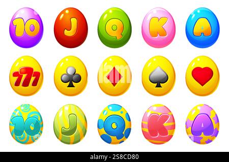 Set of slot symbols -colored eggs for Easter themed slot machines. Easter holiday symbols. Eggs with playing card symbols,jackpot 777 and playing card Stock Vector