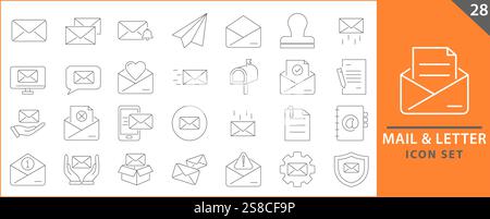 Mail and Letter icon set. Set of icons related to mail, email, postal letter and others. Vector illustration. Stock Vector