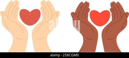 Diverse Two hands with palms facing upwards, holding red heart. Symbolizing care, love and support, compassion, warmth and charity. Vector illustratio Stock Vector