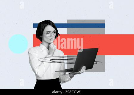 Composite sketch image design trend artwork collage of remote device technology computer office manager mind think hand hold laptop Stock Photo