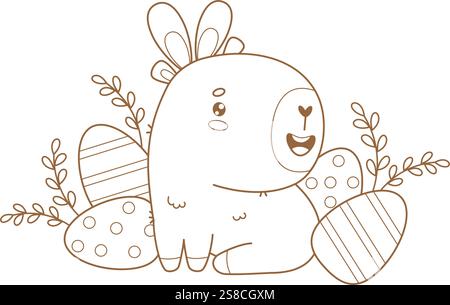 Outline Happy Easter Capybara in bunny ears with paschal eggs. Cute Holiday cartoon kawaii animal. Line drawing, coloring book. Vector illustration. K Stock Vector