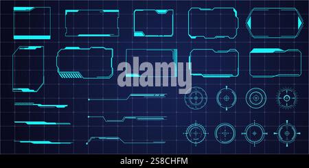 Futuristic HUD frames, borders text box game menu ui panel. Line tech line bar. Screen elements Sci Fi for Gaming UX UI. Vector illustration Stock Vector