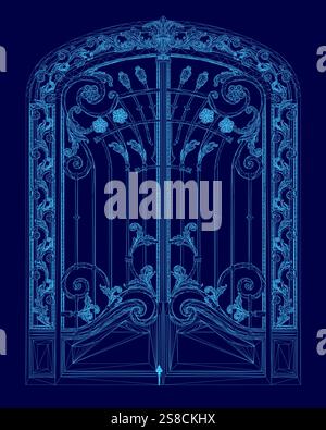 Blue gate with a flower design. The gate is closed and the flowers are in the middle of the gate Stock Vector
