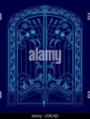 Blue gate with a flower design. The gate is closed and the flowers are in the middle of the gate Stock Vector