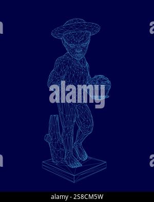 Man in a hat is holding a lantern. The image is in blue and has a vintage feel to it Stock Vector
