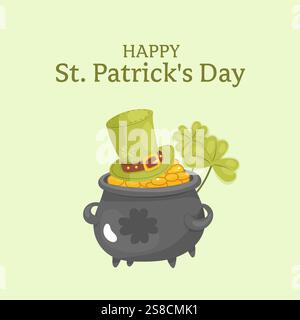 St. patricks day. Square card, pot of gold, clover and hat. Stock Vector