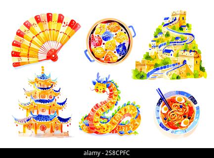 Watercolor chinese traditions clipart. Hand drawn clip art elements Stock Vector