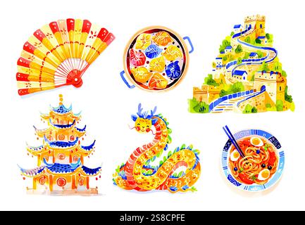 Watercolor chinese traditions clipart. Hand drawn clip art elements ...