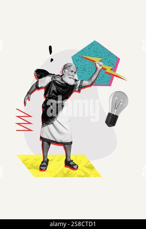 Poster vertical photo collage of serious pensioner old man throw lightning voltage light bulb power blackout electricity Stock Photo