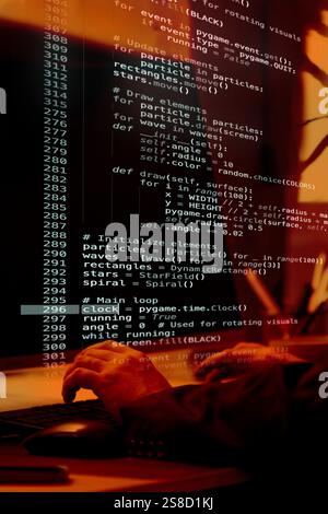 Virtual projection of fictional code with dynamic elements, highlighting collaboration between human creativity and digital systems. Stock Photo