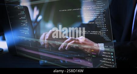 Specialist interacting with holographic interface, examining set of graphical performance data and code blocks, suggesting high-level programming or Stock Photo