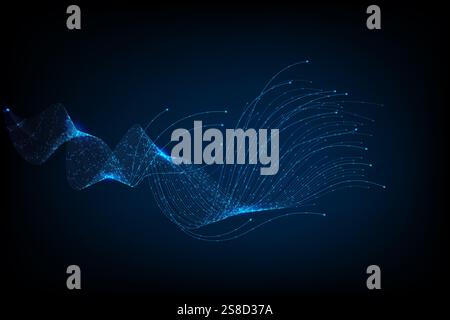 Abstract wave of dynamic blue particles, interconnected dots and lines forming flowing data streams. Data flow, connectivity, networks Stock Photo