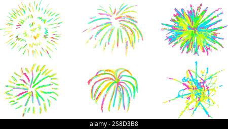 Abstract burst contour pattern fireworks set. Crayon wax pencil handdrawing firecracker collection. Holi party elements neon powder. Vector Stock Vector