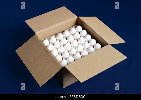 Unfolded cardboard box contains trays of barn eggs Stock Photo