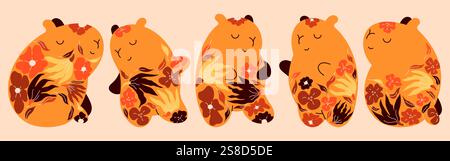 Set with adorable capybaras color flowers on body. Stock Vector