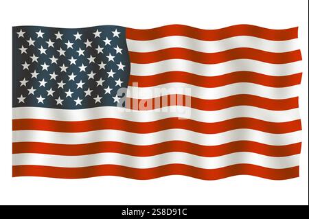 American USA flag Stars and Stripes waving in the wind. Illustration isolated on white background. Stock Photo