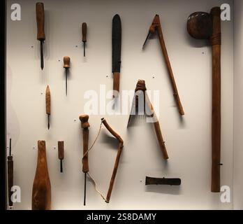 The set of tools from Saqqara (Great tombs, 1st Dynasty). Replicas based on that find. Egyptian Museum of Turin. Italy. Stock Photo