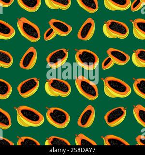 Papaya seamless pattern. Fruit on a blue background. Food print Stock Vector