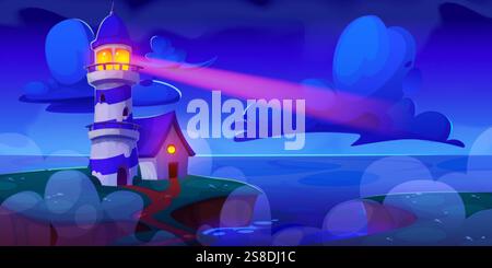 Cartoon lighthouse scene at night with illuminated beacon sending bright beam across dark sky. Coastal tower with small house and glowing window on se Stock Vector