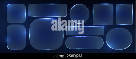 Neon glass frame collection with luminescent geometric elements - blue translucent shapes with radiant borders on dark backdrop. Various rectangle, ci Stock Vector