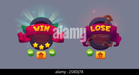 Game victory and defeat badges with navigation green arrows and home buttons. Win screen shows bright red ribbon, glowing stars and light rays. Lose d Stock Vector