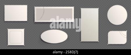Postage stamp blank frame collection of various shapes - rectangular postal frames, circular mail form, oval vintage template, perforated edges. Mocku Stock Vector