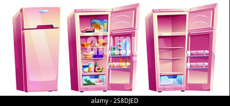 Kitchen fridges set isolated on white background. Vector cartoon illustration of open and closed, full and open refrigerators with fruit, vegetables, Stock Vector