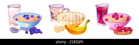 Cereal breakfasts set isolated on white background. Vector cartoon illustration of oatmeal bowls with blueberry, banana, raspberry, toast with jam, gl Stock Vector