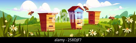 Wooden beehive boxes in summer apiary landscape - colorful hives standing on green meadow with blooming daisies, surrounding bushes and flying bees. R Stock Vector