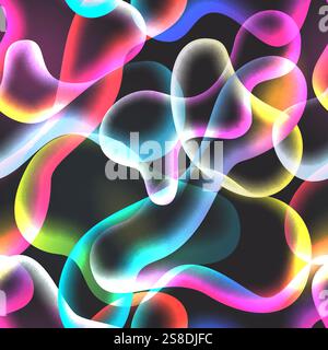Transparent glowing color gradient abstract shapes seamless pattern. Vector 3d glass illustration. Liquid colorful trendy background. Fashion textile Stock Vector