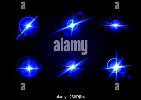 Glint glare collection with bright neon luminous effects - shining starbursts with magical sparkles, lens flares and glowing beams. Blue highlights on Stock Vector