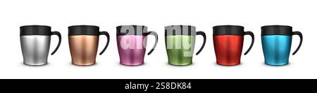 Tumbler cup set with black handles in varied metallic finishes - silver, bronze, pink, green, red and blue surface colors. 3D realistic travel mugs wi Stock Vector