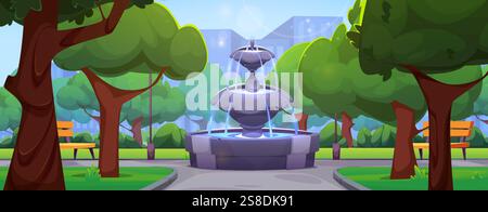 Cartoon city park scene with central stone fountain featuring glowing blue water streams, surrounded by lush trees, wooden benches and landscaped path Stock Vector