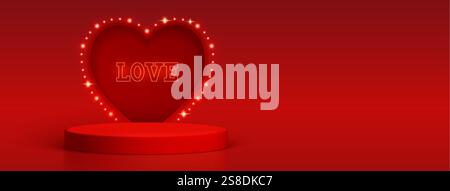 Love display composition with illuminated heart shaped neon frame on red podium - scarlet background with glowing decoration light bulbs. Romantic sho Stock Vector