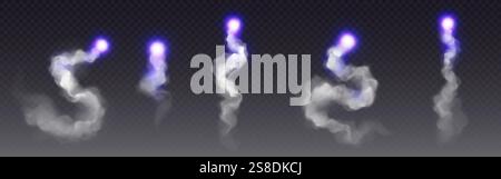 Rocket launch smoke trails with glowing purple engine flames - curling white exhaust streams, luminous thrust patterns, curved vapor formations. Space Stock Vector