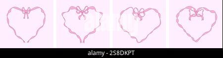 Set of doodle heart pink frames with bows and ribbons. Hand-drawn vintage coquette borders Stock Vector
