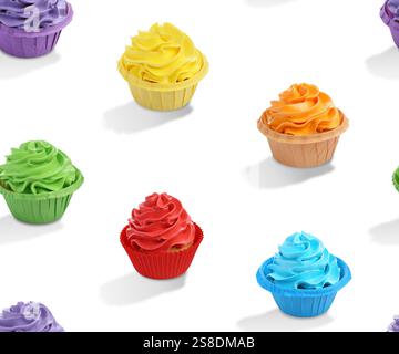Pattern of cupcakes with bright cream on white background Stock Photo
