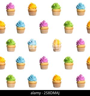 Pattern of cupcakes with bright cream on white background Stock Photo
