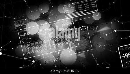 Image of data processing over shapes and white spots Stock Photo