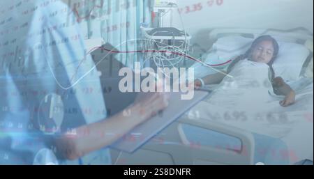 Image of data processing over smiling caucasian female doctor with girl patient Stock Photo
