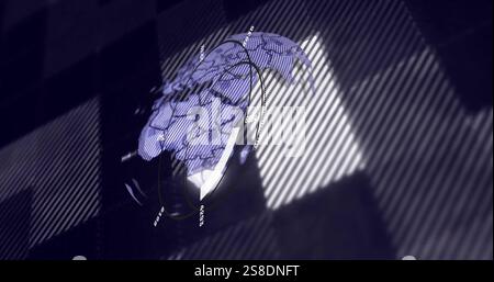 Rotating globe with data points and circular graph image over dark background Stock Photo