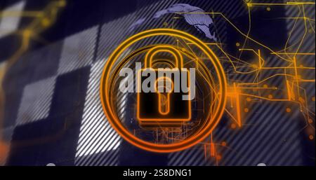 Lock and key security icon image over digital network background Stock Photo