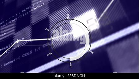 Circular data visualization image over computer code and graphs Stock Photo