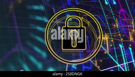 Lock icon image over digital data and graphs background Stock Photo