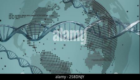 Image of dna strand, scientific data processing over globe spinning Stock Photo