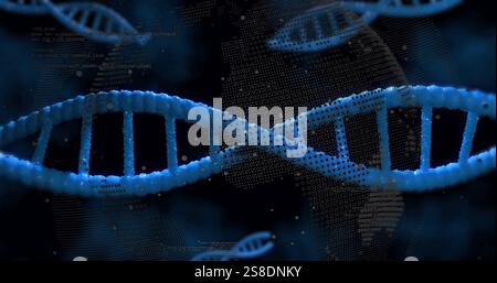Image of scientific data processing over dna strands and globe spinning Stock Photo