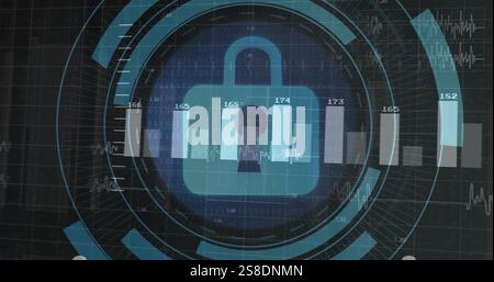 Image of digital data processing over padlock icon Stock Photo